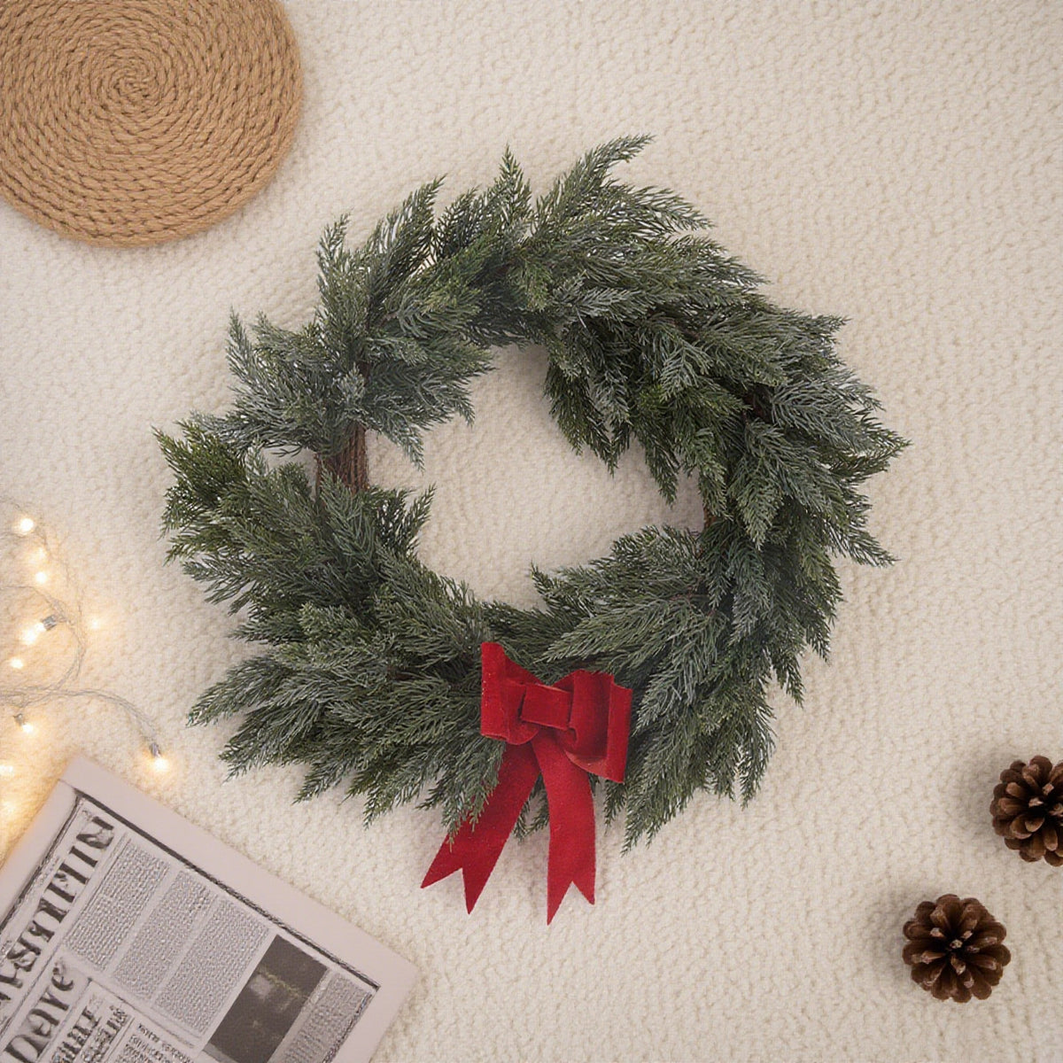 17 Inch Plain Green PE Wreath w/Red Bow and Rattan ，Red Velvet Bow Christmas Wreath Red Bow Clip for Garland Fireplace Decor Accent Classic Christmas Aesthetic Bow Red Ribbon, Artificial Green Nature Christmas Wreath for Door and Home Decorations