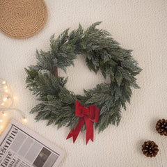17 Inch Plain Green PE Wreath w/Red Bow and Rattan ，Red Velvet Bow Christmas Wreath Red Bow Clip for Garland Fireplace Decor Accent Classic Christmas Aesthetic Bow Red Ribbon, Artificial Green Nature Christmas Wreath for Door and Home Decorations
