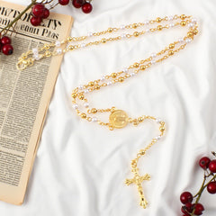 Gold with white pearl 8mm Beads Rosary with virgin mary center and Crucifix，Religious Gift Rosaries, Catholic Rosary Necklace, Beads Rosaries, Jesus Crucifix Cross Rosary for prayer