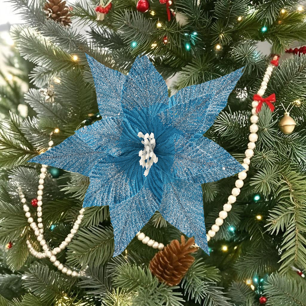 9 Inch Blue Christmas Flowers with Snows,Silk Shinning Sprakled Glitter Poinsettia Artificial Flower for Xmas Tree Christmas Decorations,Festive Holiday Tree Decoration, Wreath Ornament, Party Decor