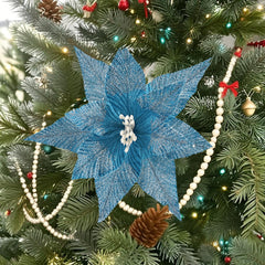 9 Inch Blue Christmas Flowers with Snows,Silk Shinning Sprakled Glitter Poinsettia Artificial Flower for Xmas Tree Christmas Decorations,Festive Holiday Tree Decoration, Wreath Ornament, Party Decor
