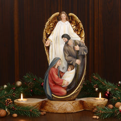 9"Angel and Holy Family Candlestick，Holy Family with Angel, Peace Holy Family Statue, Guardian Angel Nativity, Mary and Joseph, Resin Holy Family Candle Holder, Nativity Advent Decorations