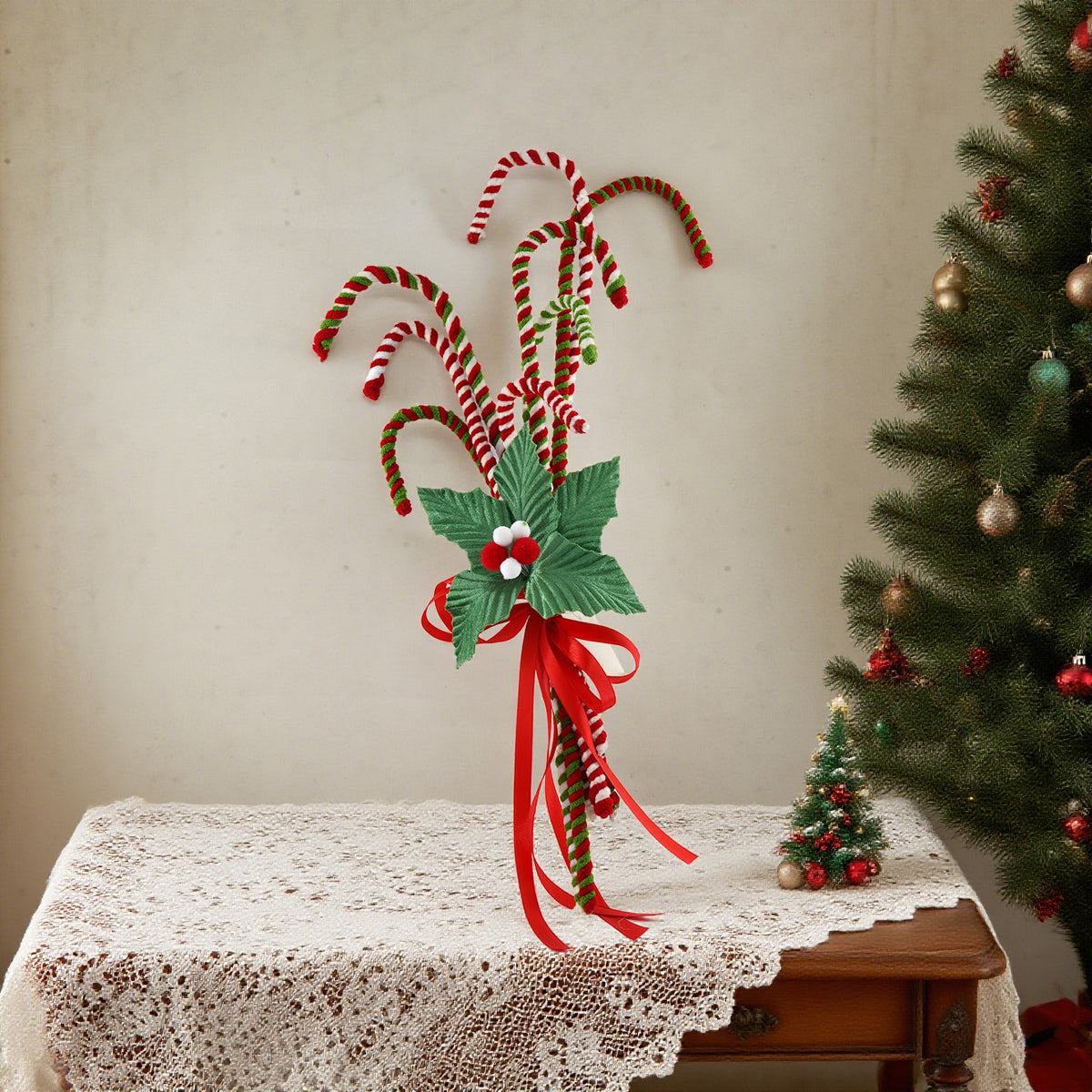 12 Inch Fabric Candy Cane Ornaments，Red and White Cane Decorations, Holly Bundle Christmas Tree Spray,  Faux Red and Green Candy Canes, Wreath Attachments, Tree trimming, Christmas Wreath Accessories, Red White Woolen Candy Curly Picks