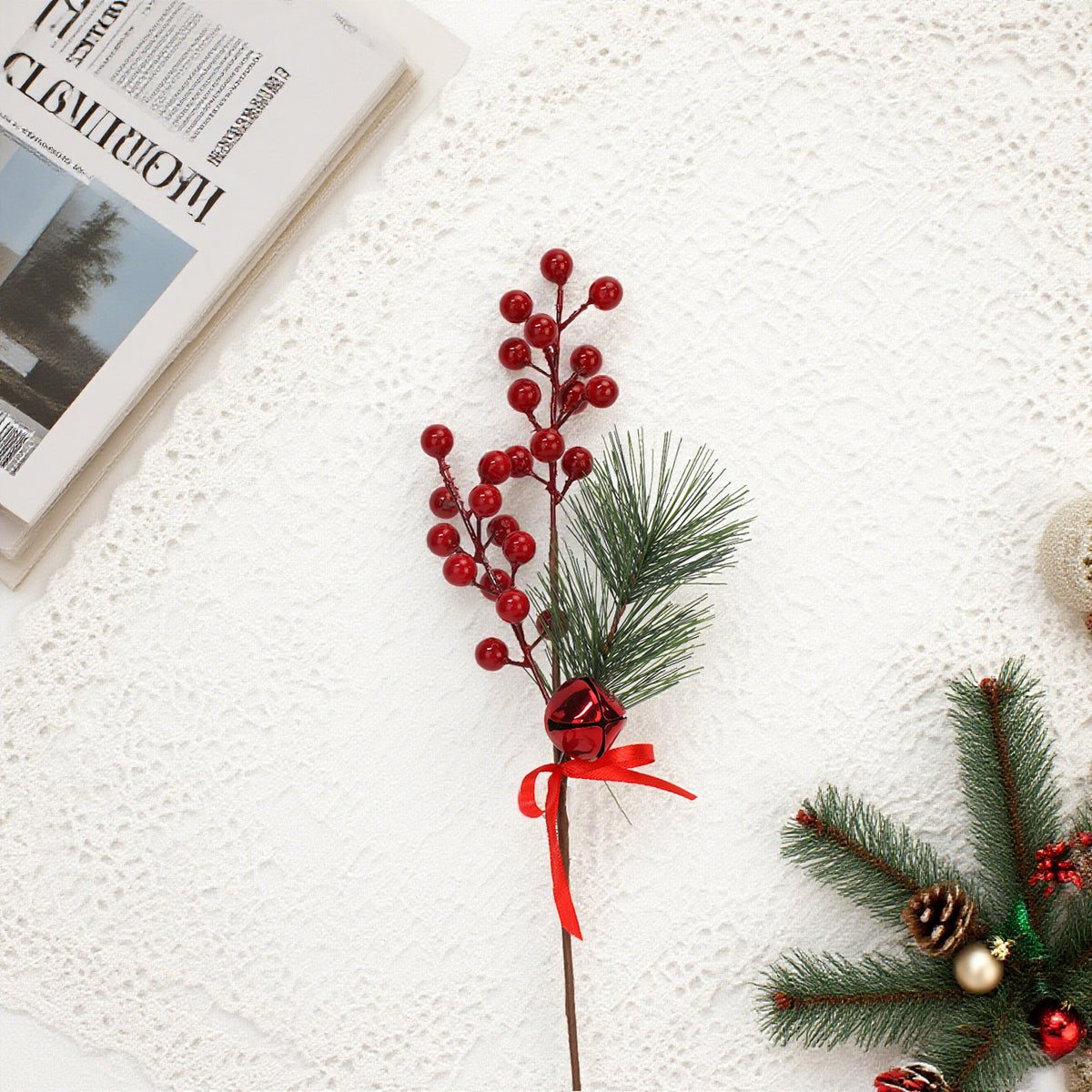 13.5 Inch Berry Pick w/Bell，Christmas Picks Artificial Red Berry Stems, Artificial Floral Picks Berries for Xmas Tree Ornaments,  Red Berries and Bell Pick Home Decorations, Sprays and Picks Christams Holiday Ornaments