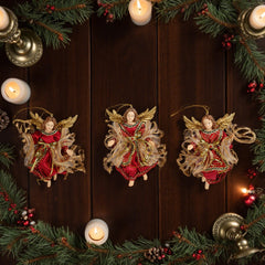 6 Inch Fabric Angels Ornaments, set 3pcs，Christmas Angel Set Red Fabric Clothes, Christmas Resin Figures Sets Tree Hanging, Christmas Collectibles Angels Decor
