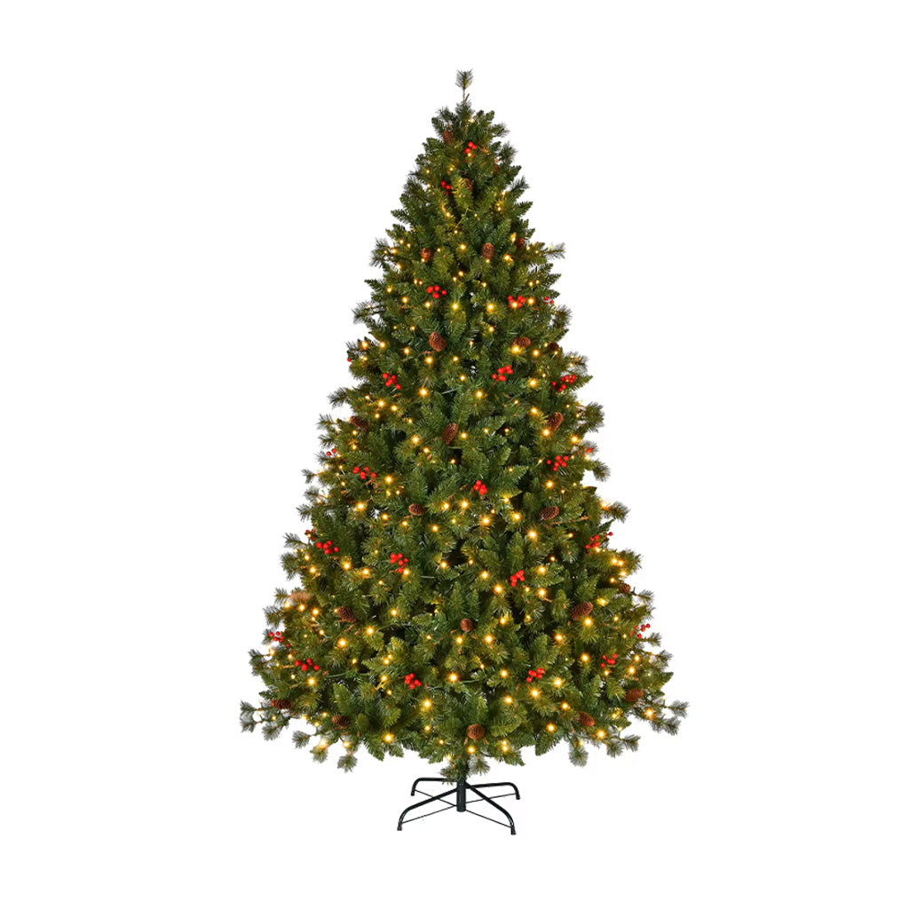 150 Inch Pre-Lit Artificial Christmas Tree with Pine Cones Berries Green，Spruce Artificial Holiday Christmas Tree for Home, Office, Party Decoration w/ Easy Assembly, Fraser Fir Blue-Green Needles Tree, Classical Balsam Fir Tree for Christmas