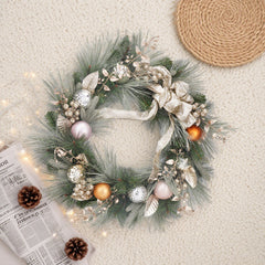 25 Inch Sliver Gold, Cream Balls and Picks w/Champion Ribbon Wreath，Christmas Wreath with Balls, Door Wreath with Bow, Ribbon, Berries, Pine Cones, Leaves for Front Door, Outdoor Xmas Decor, Wreath for Holiday Christmas