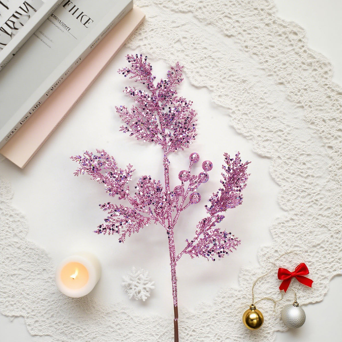 17 Inch Purple Pick，Glitter Powder Leaf Branch For Flower Arrangement Accessories Christmas Party Home Wedding Garden Decoration, Pink Glitter Sequin Cedar Spray, Artificial Christmas Spray, Lavender Tree Garland Wreath Picks Spray