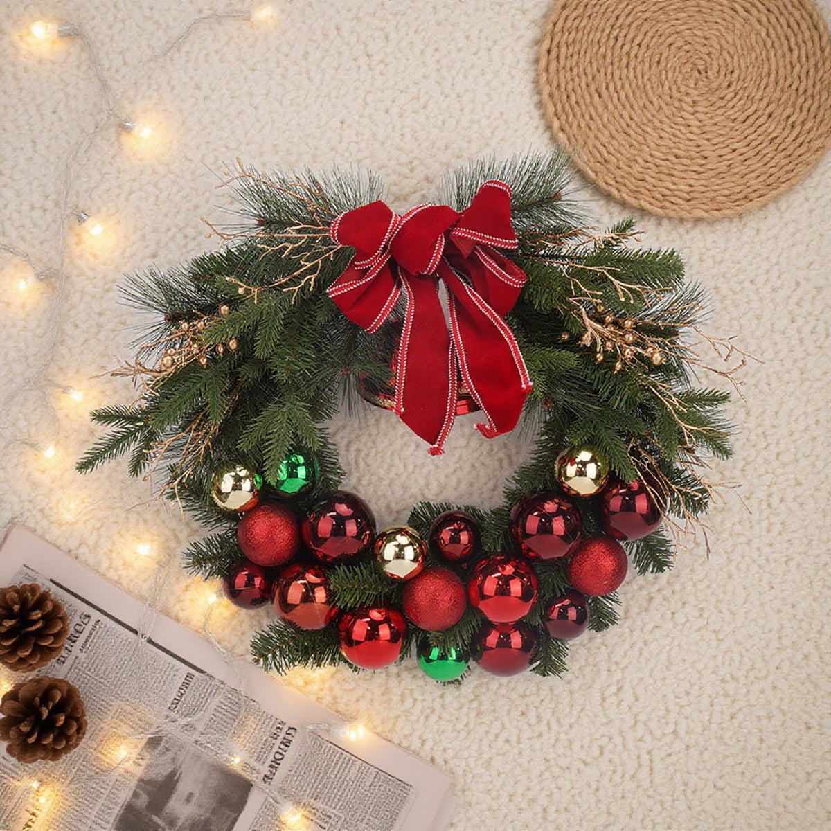 30 Inch Half Gold, Red and Green Balls w/Red Bow and Gold Picks Wreath，Balls Christmas Wreath Red Green, Door Wreath with Bow, Ribbon, Balls Leaves for Front Door, Outdoor Xmas Decor, Big Wreath for Holiday Christmas