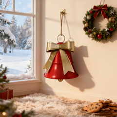 6.5 Inch Red Metal Christmas Bell with Gold Bow, Hanging Holiday Décor Bell, Retro Christmas Ornament, Festive Metal Bell for Christmas Decorations