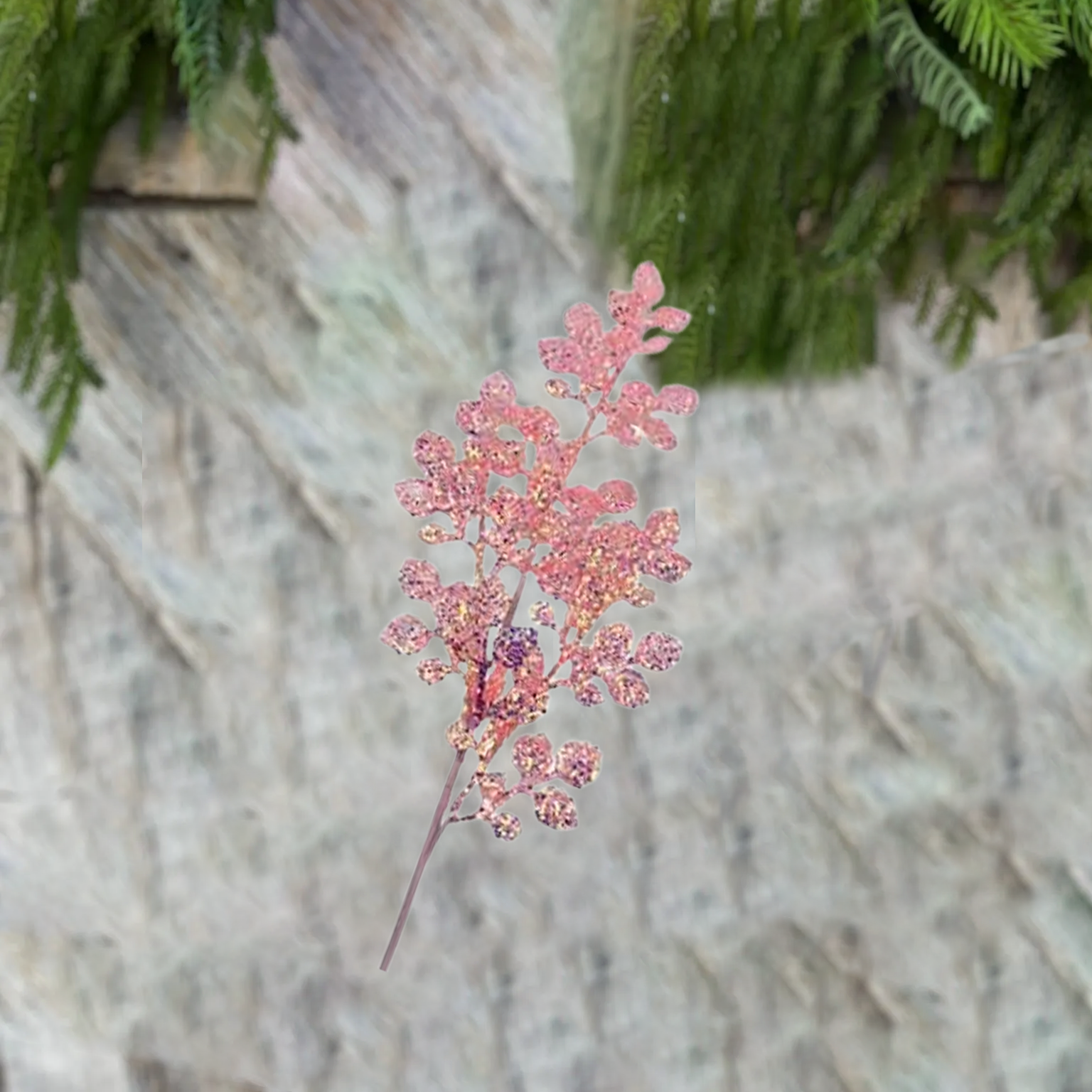 35 Inch Pink Glitter Leaf with Berries Christmas Spray Pick – Artificial Holiday Stem, Christmas Tree Decoration, Glittered Branch Ornament for Holiday Floral Arrangements