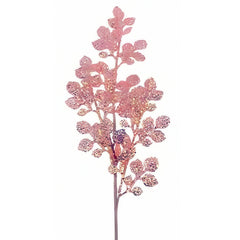 35 Inch Pink Glitter Leaf with Berries Christmas Spray Pick – Artificial Holiday Stem, Christmas Tree Decoration, Glittered Branch Ornament for Holiday Floral Arrangements