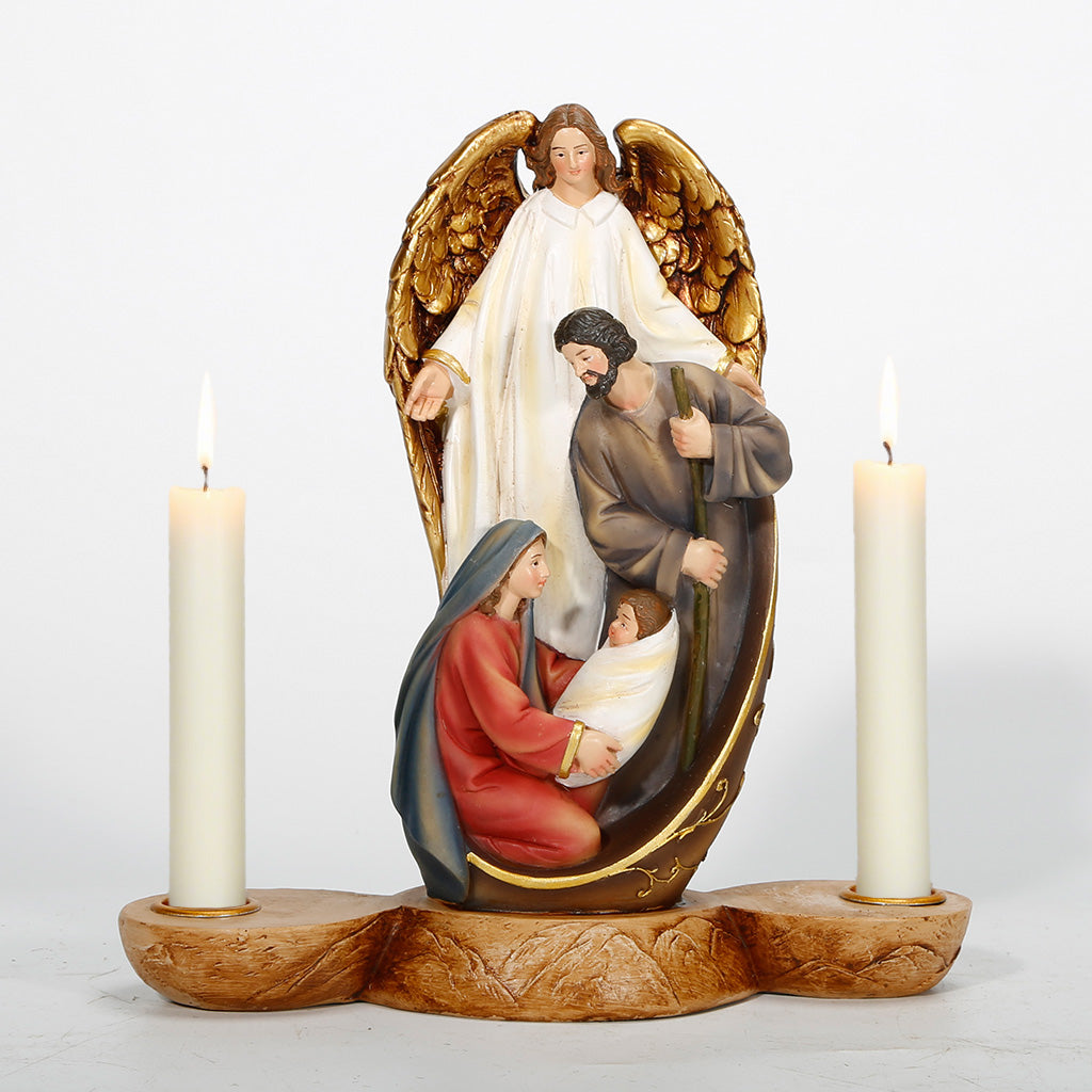 9"Angel and Holy Family Candlestick，Holy Family with Angel, Peace Holy Family Statue, Guardian Angel Nativity, Mary and Joseph, Resin Holy Family Candle Holder, Nativity Advent Decorations