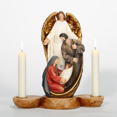 9"Angel and Holy Family Candlestick，Holy Family with Angel, Peace Holy Family Statue, Guardian Angel Nativity, Mary and Joseph, Resin Holy Family Candle Holder, Nativity Advent Decorations