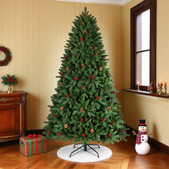 80 Inch Artificial Christmas Tree with Pine Cones Berries Green，Christmas Tree With Red Berry & Pine Cone, Premium Artificial Christmas Tree PE/PVC Branch Tips, Pre-Decorated Hinged Xmas Tree