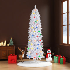 60 Inch White PVC Slim Artificial Christmas Tree w/ Colorfull Ball Lights，Classical Balsam Fir Tree for Christmas, Traditional Scotch Pine Dark Green Tall Tress, Wite Pink Black Green PVC  Artificial Christmas Tree w/lights