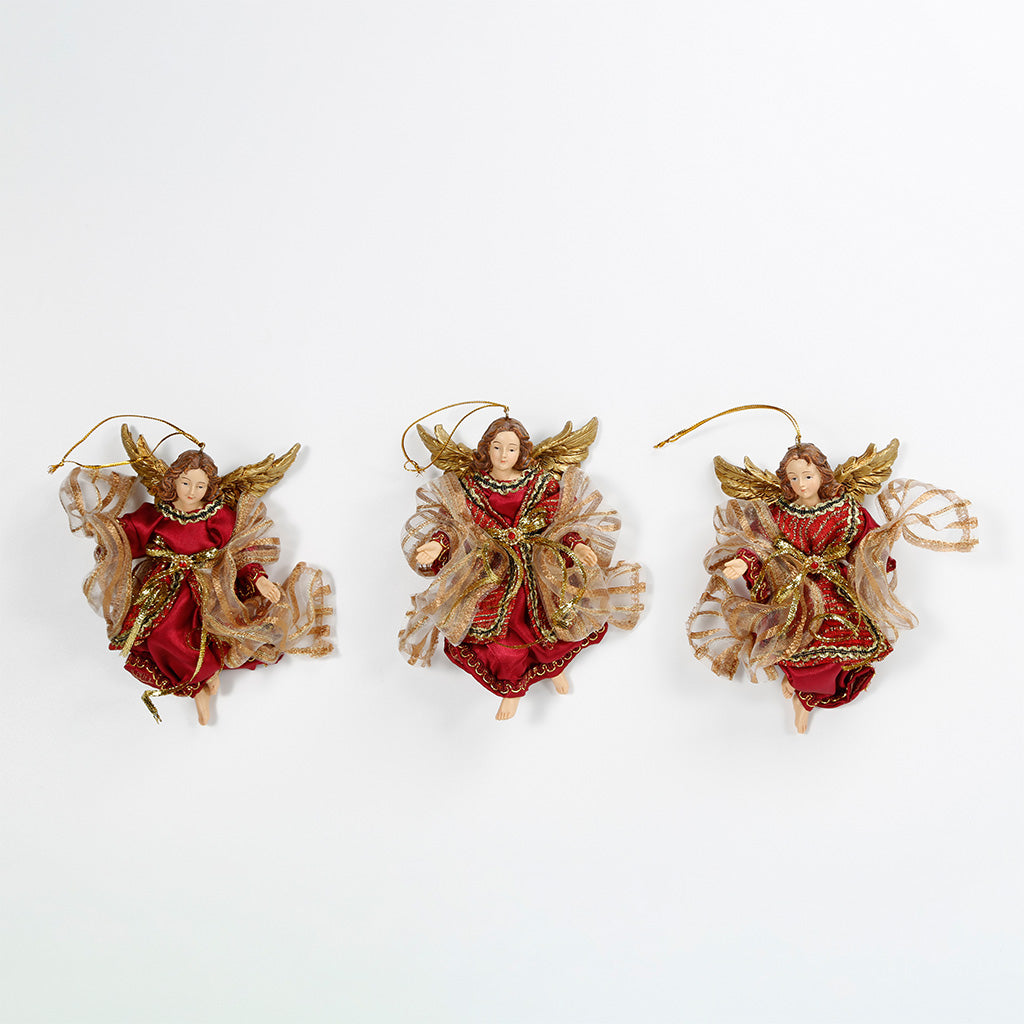 6 Inch Fabric Angels Ornaments, set 3pcs，Christmas Angel Set Red Fabric Clothes, Christmas Resin Figures Sets Tree Hanging, Christmas Collectibles Angels Decor