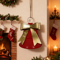 6.5 Inch Red Metal Christmas Bell with Gold Bow, Hanging Holiday Décor Bell, Retro Christmas Ornament, Festive Metal Bell for Christmas Decorations