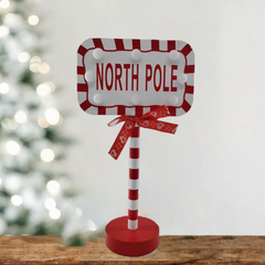 13.7 Inch Metal Red & White ‘NORTH POLE’ Sign with Bow – Festive Holiday Tabletop Decoration, Christmas Sign Ornament, Christmas Decor