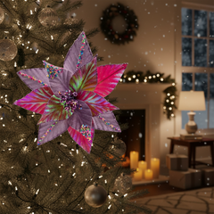 10.2- Inch Fuchsia Iridescent Sequin Christmas Flower Pick, Glitter Poinsettia Ornament for Christmas Tree, Sparkling Holiday Floral Decoration for Xmas Tree & Home Decor
