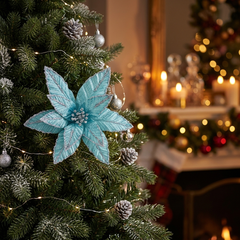 11-Inch Lake Blue Christmas Tree Topper Flower with Silver Glitter Accents, Elegant Holiday Floral Tree Top Decoration, Festive Christmas Ornament for Home & Party Decor