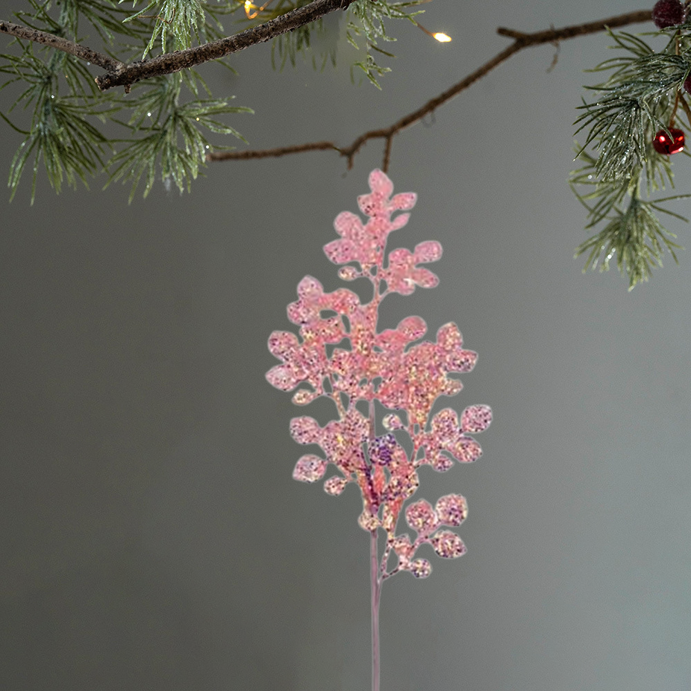 35 Inch Pink Glitter Leaf with Berries Christmas Spray Pick – Artificial Holiday Stem, Christmas Tree Decoration, Glittered Branch Ornament for Holiday Floral Arrangements
