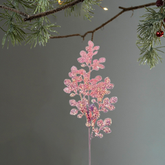 35 Inch Pink Glitter Leaf with Berries Christmas Spray Pick – Artificial Holiday Stem, Christmas Tree Decoration, Glittered Branch Ornament for Holiday Floral Arrangements