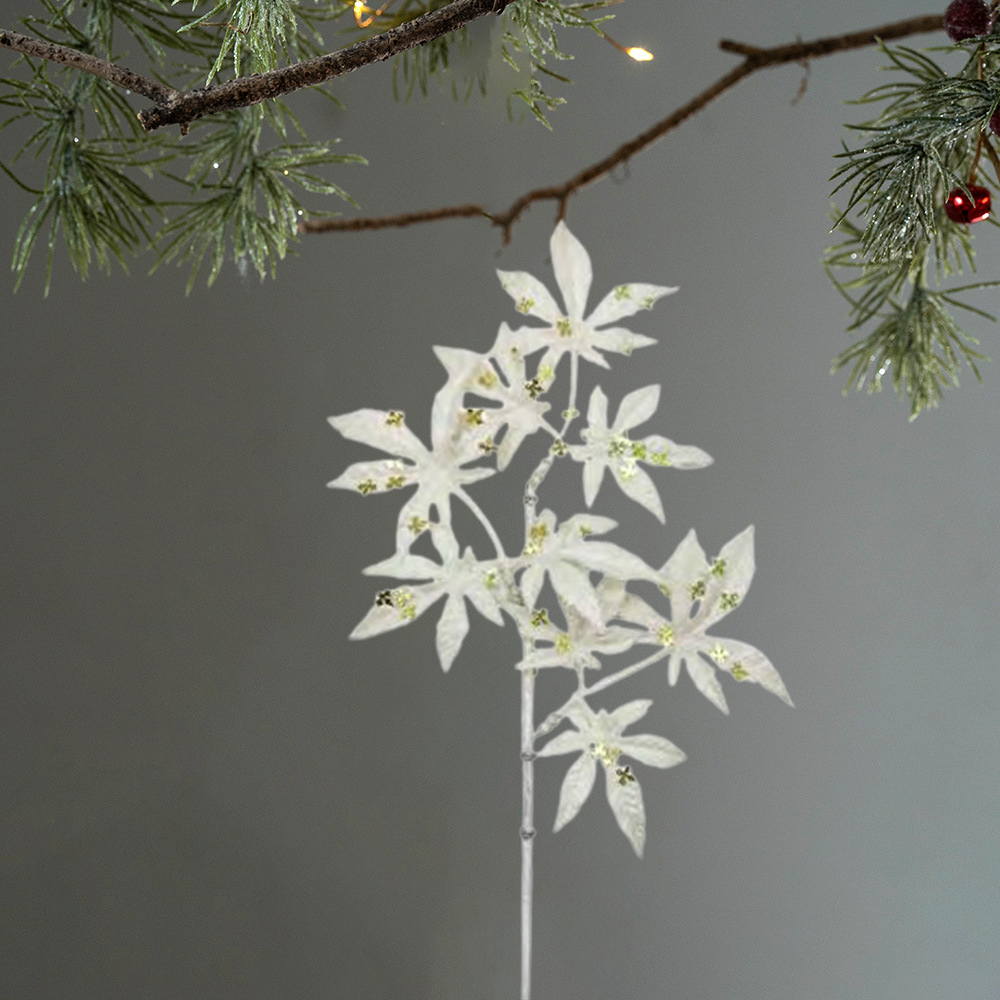 35 Inch White Maple Leaf Christmas Spray with Glitter, Artificial Christmas Picks, Glitter Holiday Floral Stems, Xmas Tree Branch Ornaments, Christmas Tree Decoration