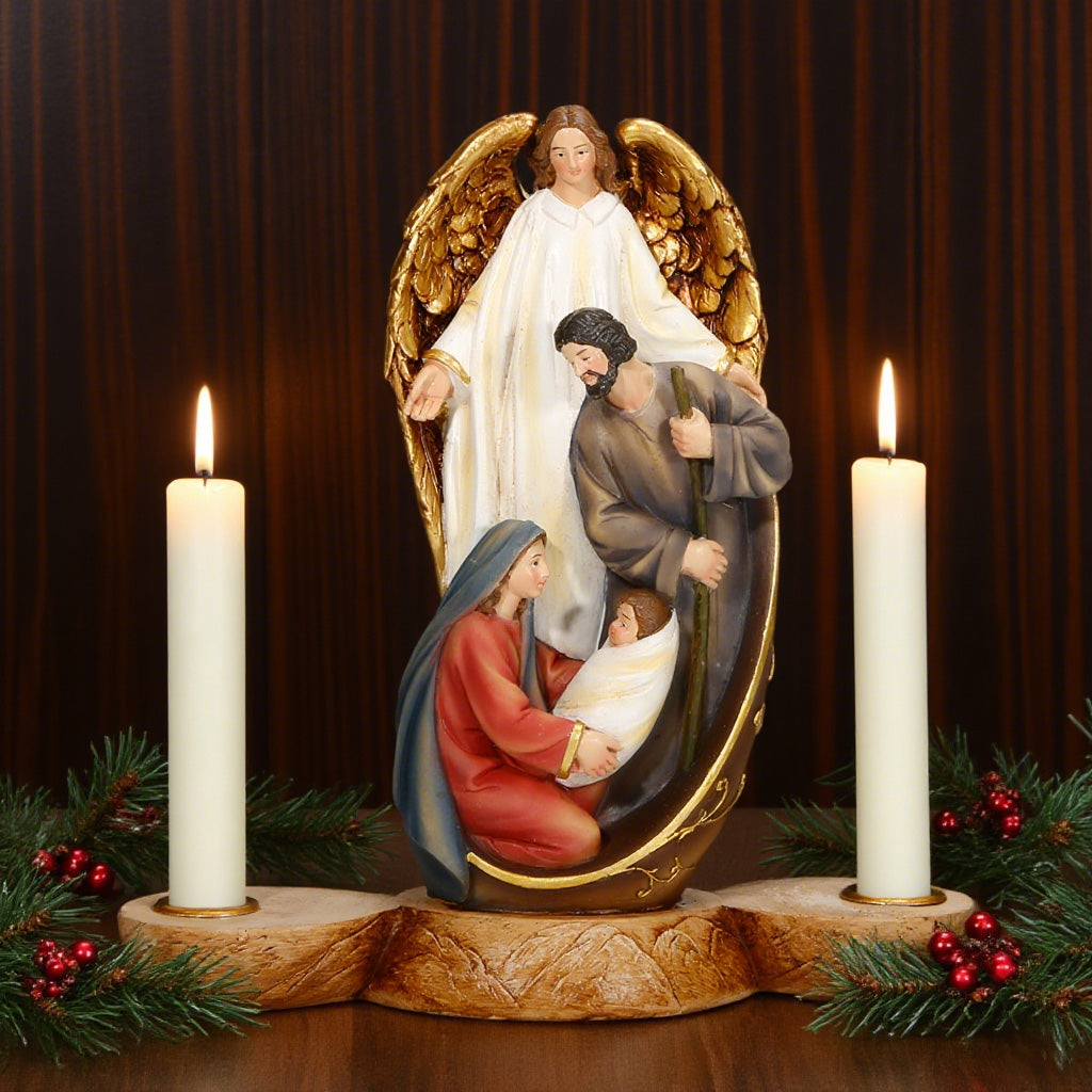 9"Angel and Holy Family Candlestick，Holy Family with Angel, Peace Holy Family Statue, Guardian Angel Nativity, Mary and Joseph, Resin Holy Family Candle Holder, Nativity Advent Decorations