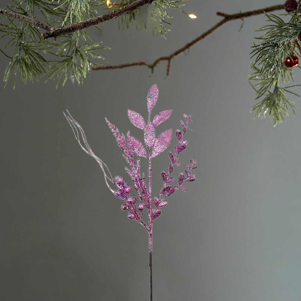 20 Inch Pink Purple Glitter Leaf Christmas Spray with Berries – Holiday Tree Decoration, Xmas Floral Branch, Festive Christmas Ornament