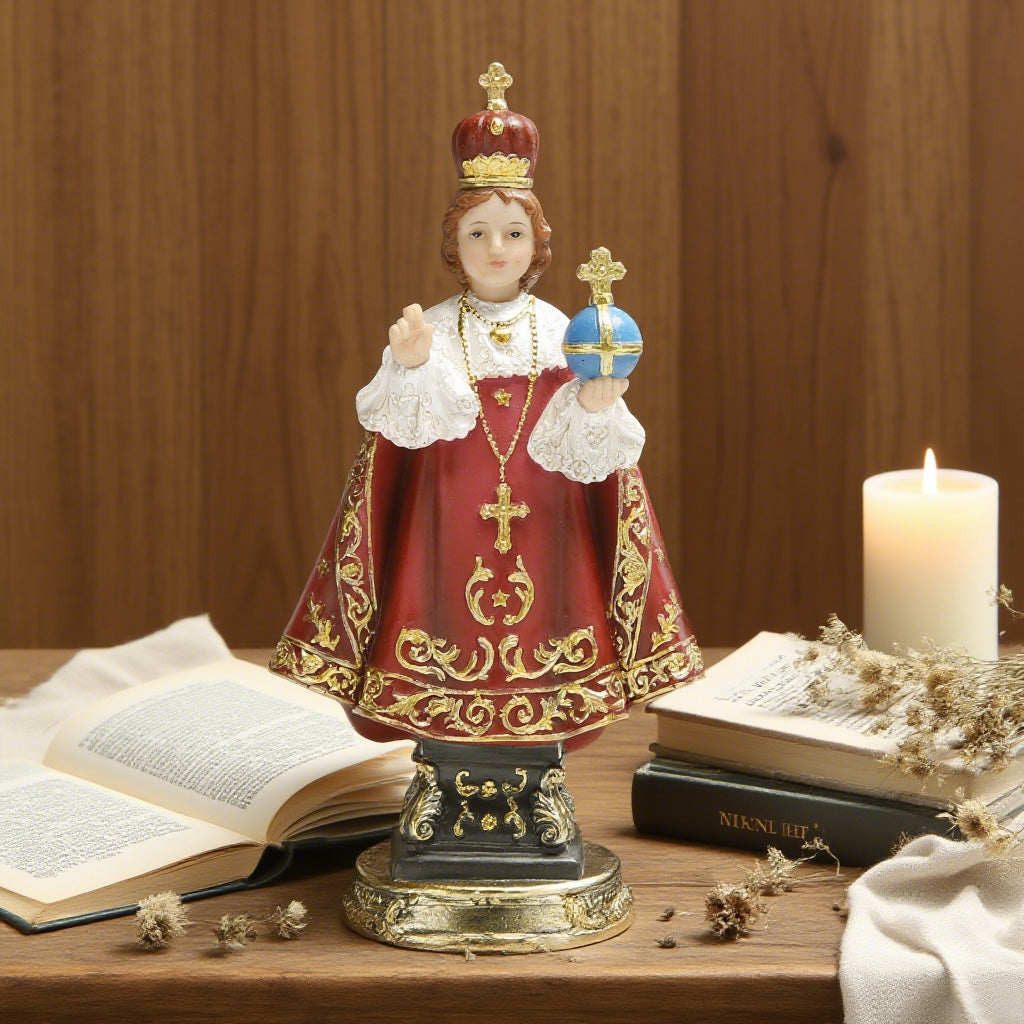 8 Inch Infant Jesus in Resin，Infant of Prague Statue Jesus Figurine Catholic Gift, Niño de Praga Figura Catolica, Religious Staue Jesus with Globus Cruciger,hurch of Our Lady Victorious Jesus Figurine,