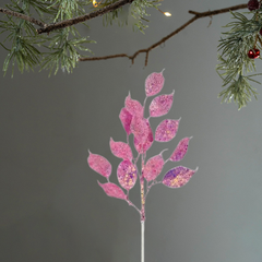 30 Inch Pink Glitter Leaf Christmas Spray – Sparkling Artificial Christmas Branch for Tree Decoration, Holiday Floral Pick, Xmas Tree Ornament