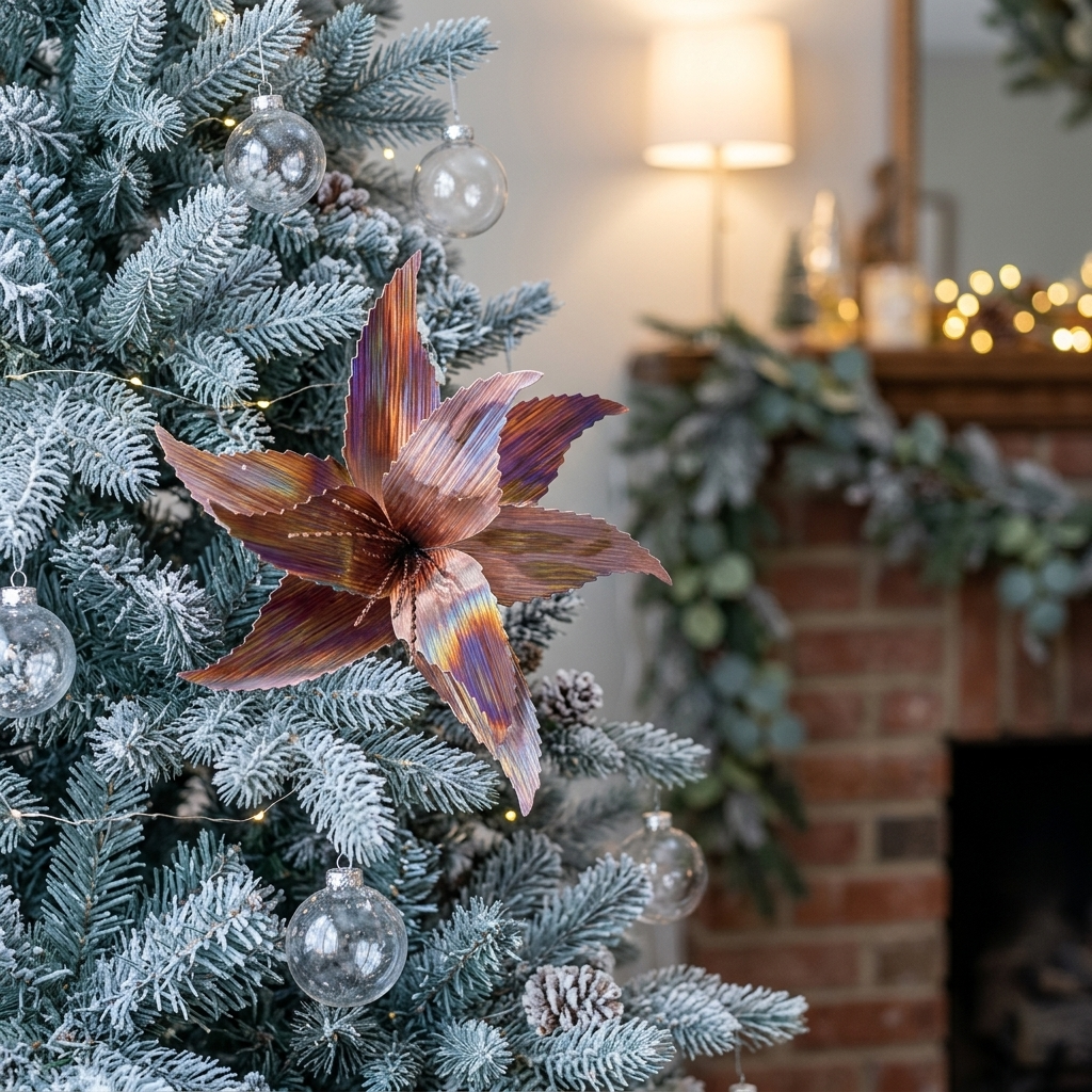 10.2-Inch Brown Iridescent Christmas Flower Pick, Glitter Poinsettia Christmas Tree Topper, Holiday Tree Decoration, Festive Christmas Ornament for Home Décor