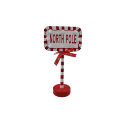 13.7 Inch Metal Red & White ‘NORTH POLE’ Sign with Bow – Festive Holiday Tabletop Decoration, Christmas Sign Ornament, Christmas Decor