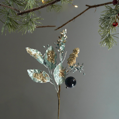 15 Inch Blue Christmas Spray with Gold Glitter and Ornaments, Holiday Floral Pick for Christmas Tree Decoration, Festive Blue and Gold Artificial Branch