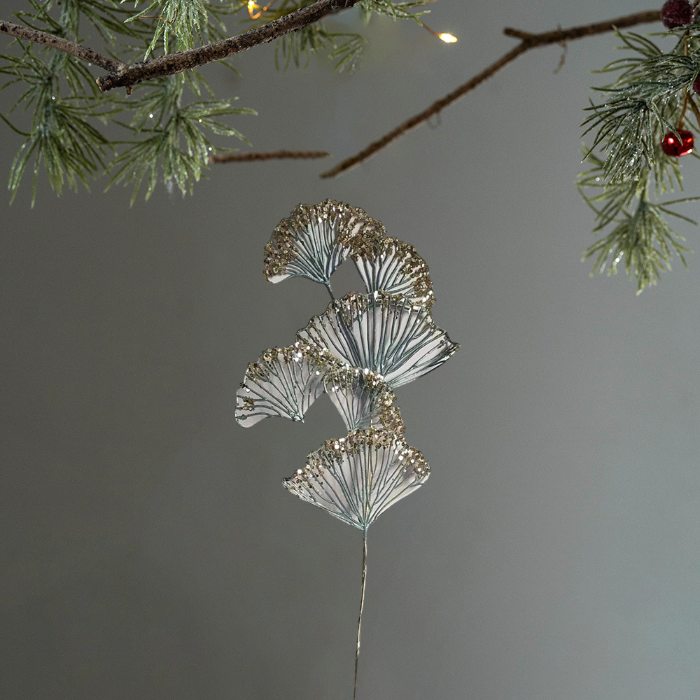 27.5 Inch Blue Ginkgo Leaf Christmas Spray, Artificial Christmas Picks for Tree Decoration, Holiday Floral Stem Ornament
