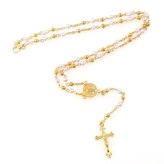 Gold with white pearl 8mm Beads Rosary with virgin mary center and Crucifix，Religious Gift Rosaries, Catholic Rosary Necklace, Beads Rosaries, Jesus Crucifix Cross Rosary for prayer