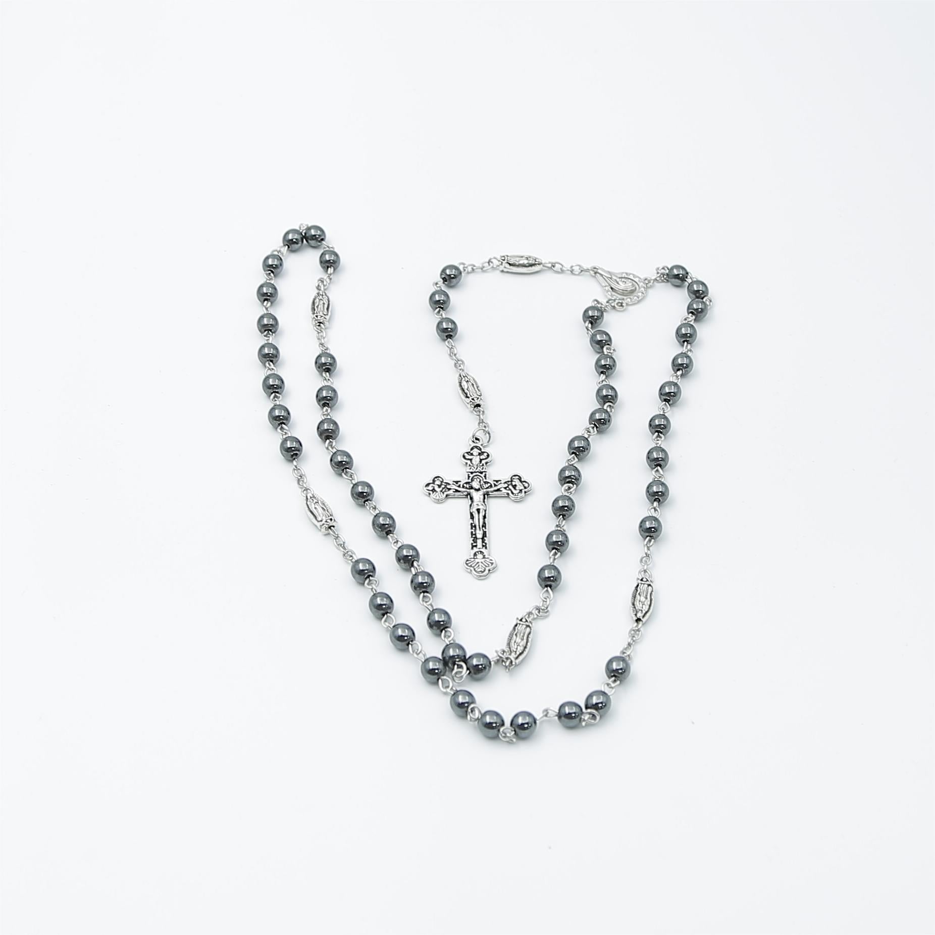Grey 8mm Beads Rosary with our lady of gudalupe medal and Crucifix，Religious Gift Rosaries, Catholic Rosary Necklace, Beads Rosaries, Jesus Crucifix Cross Rosary for prayer