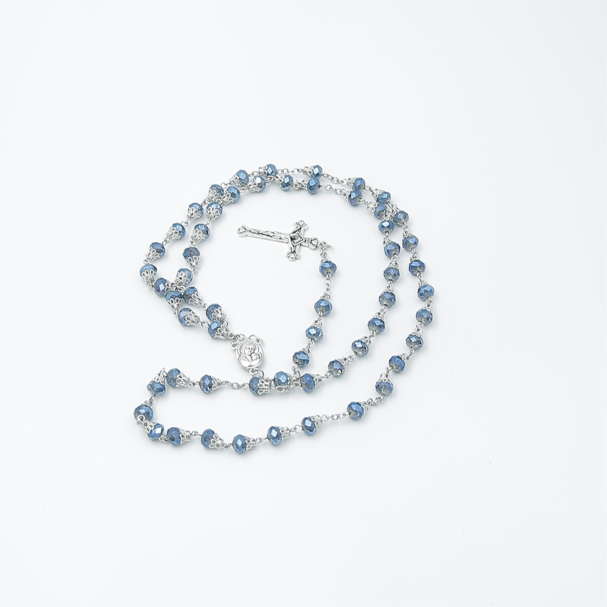 Blue crystal 8mm Beads Rosary with mary center and Crucifix，Religious Gift Rosaries, Catholic Rosary Necklace, Beads Rosaries, Jesus Crucifix Cross Rosary for prayer