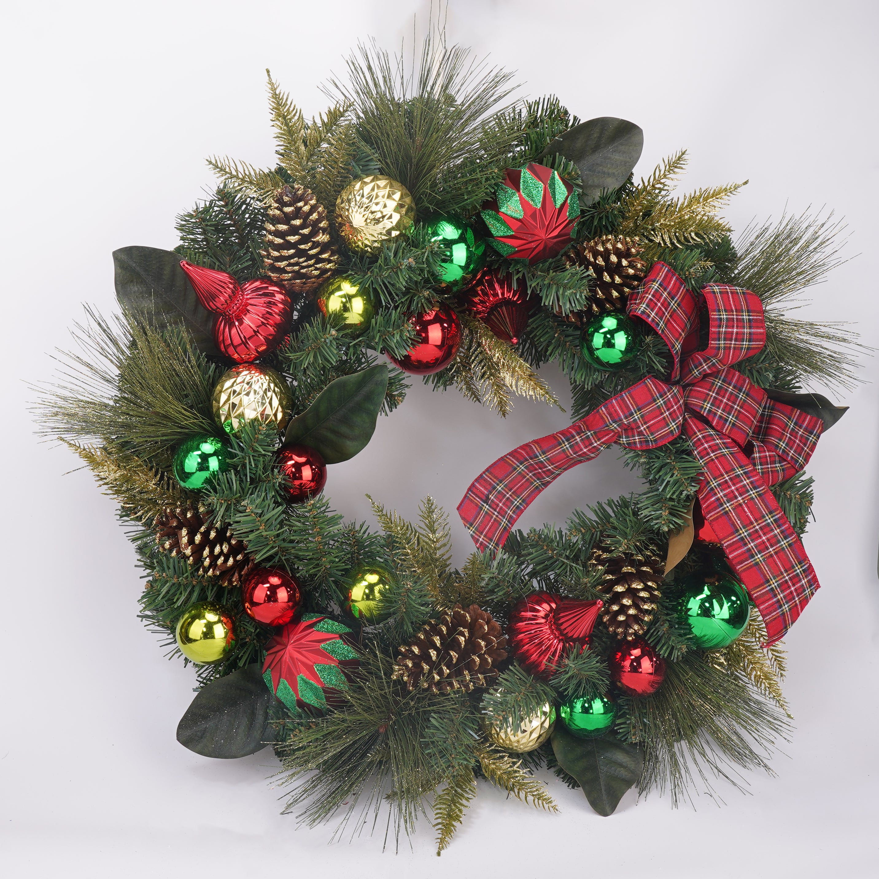 30 Inch Unlit Gold, Red and Green Balls w/Red Plaid Ribbon and Pine Cones Wreath，Christmas Wreaths for Front Door,Big Christmas Wreath with Pine and Berry, Red and Black Plaid Bow Cabinet Wreaths for Kitchen Christmas