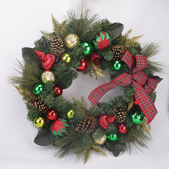 30 Inch Unlit Gold, Red and Green Balls w/Red Plaid Ribbon and Pine Cones Wreath，Christmas Wreaths for Front Door,Big Christmas Wreath with Pine and Berry, Red and Black Plaid Bow Cabinet Wreaths for Kitchen Christmas