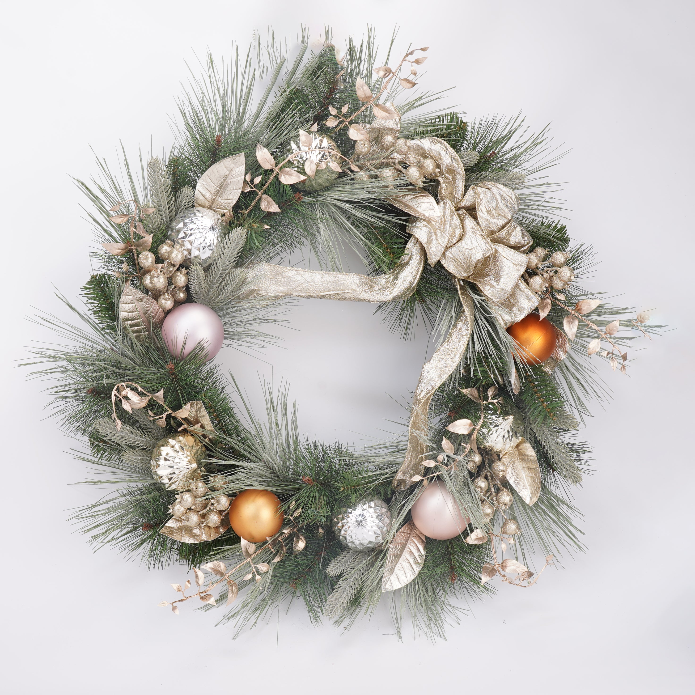 25 Inch Sliver Gold, Cream Balls and Picks w/Champion Ribbon Wreath，Christmas Wreath with Balls, Door Wreath with Bow, Ribbon, Berries, Pine Cones, Leaves for Front Door, Outdoor Xmas Decor, Wreath for Holiday Christmas