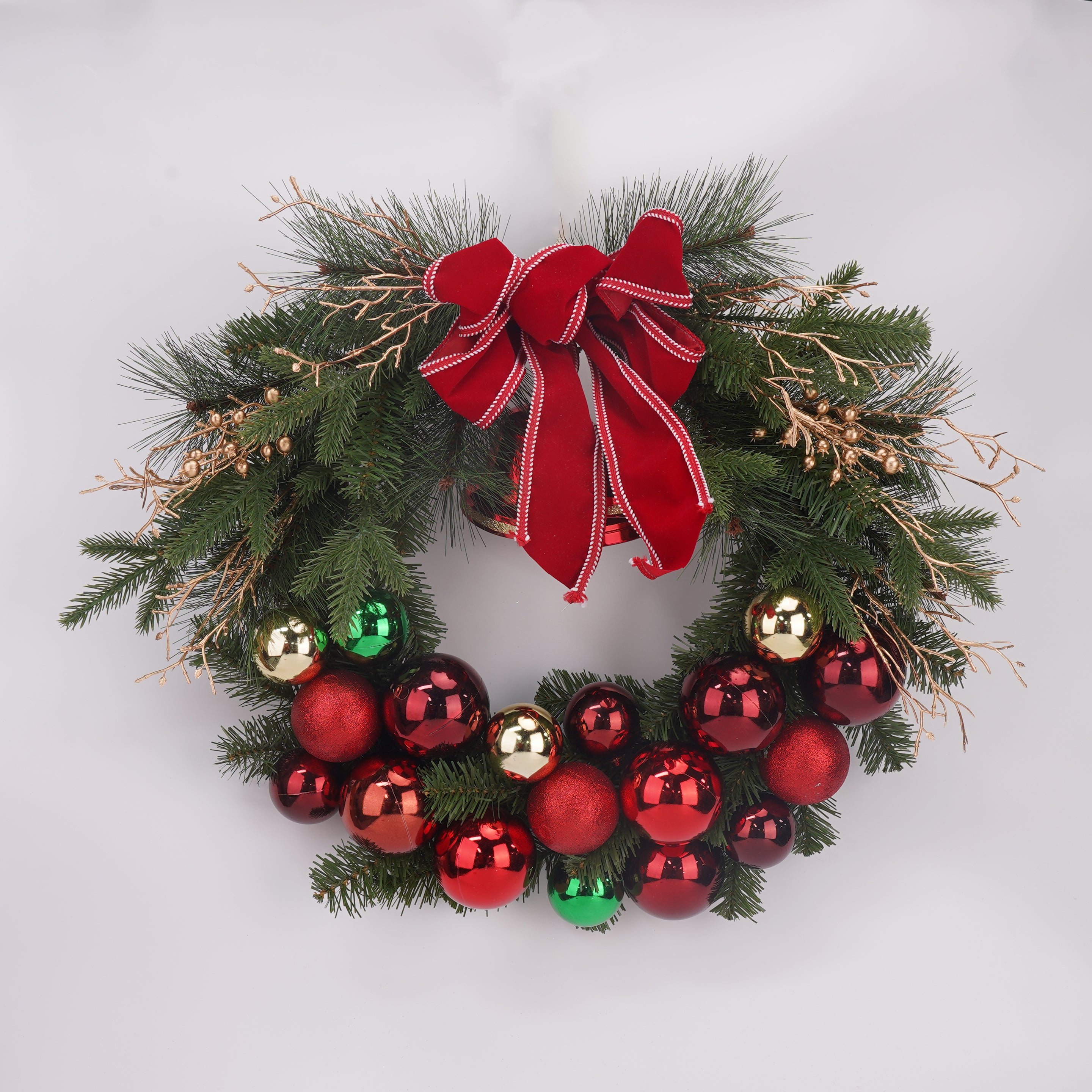 30 Inch Half Gold, Red and Green Balls w/Red Bow and Gold Picks Wreath，Balls Christmas Wreath Red Green, Door Wreath with Bow, Ribbon, Balls Leaves for Front Door, Outdoor Xmas Decor, Big Wreath for Holiday Christmas
