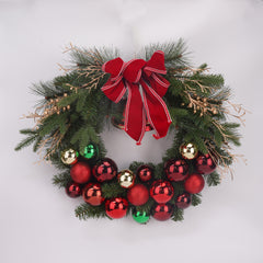 30 Inch Half Gold, Red and Green Balls w/Red Bow and Gold Picks Wreath，Balls Christmas Wreath Red Green, Door Wreath with Bow, Ribbon, Balls Leaves for Front Door, Outdoor Xmas Decor, Big Wreath for Holiday Christmas