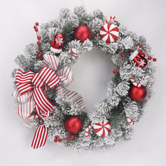 30 Inch Candy Cane Red Balls w/Red and White Bow Snow Wreath，Peppermint Candy Artificial Pine Christmas Wreath, Wall or Door Hung, Grinch Whoville Design,Large Garland Ornament, Window Decorations Hanging Decorations Hotel Arrangement