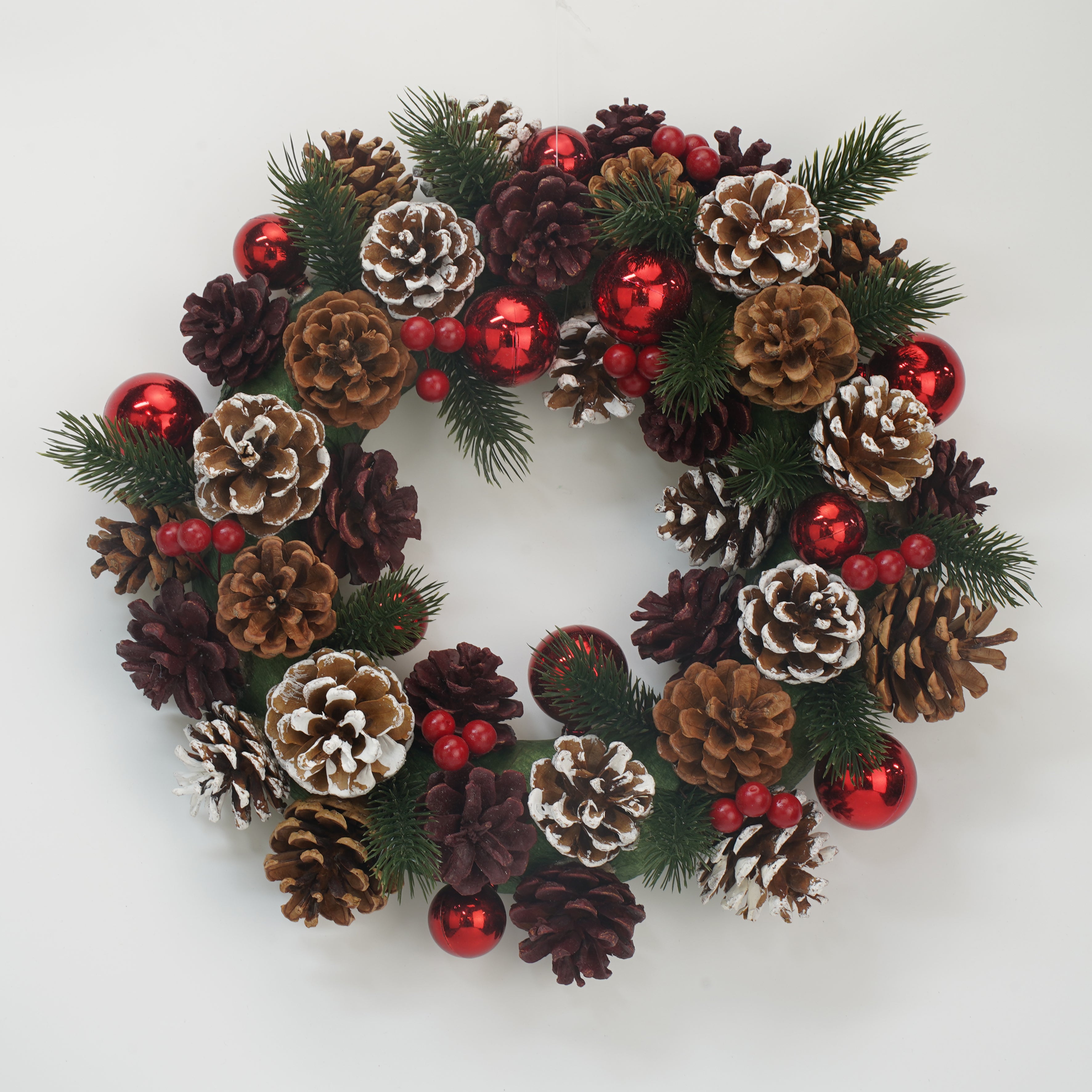 12 Inch Full Cones, Balls and Berries Wreath，Christmas Traditional Woodland Wreath, Candle Holder,Table Centrepiece, Small Wall or Door Hung, Natural Foliage, Pinecone, Red Berries, Snow