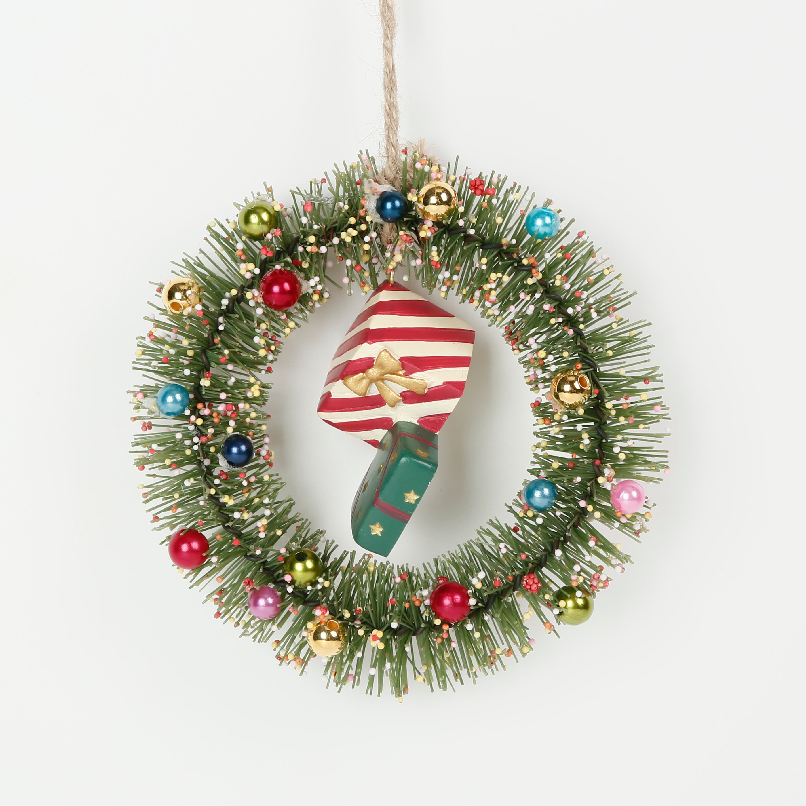 5 Inch Giftbox Wreath Ornaments，Glitter Small Wreath Decorations, Mini Christmas Wreath Ornaments Bells and Bow for Tree Hanging Home Decor and Wrapping for Holiday Celebrations, Mini Ball Wreath with Holy Family Animals Hanging Decorations,