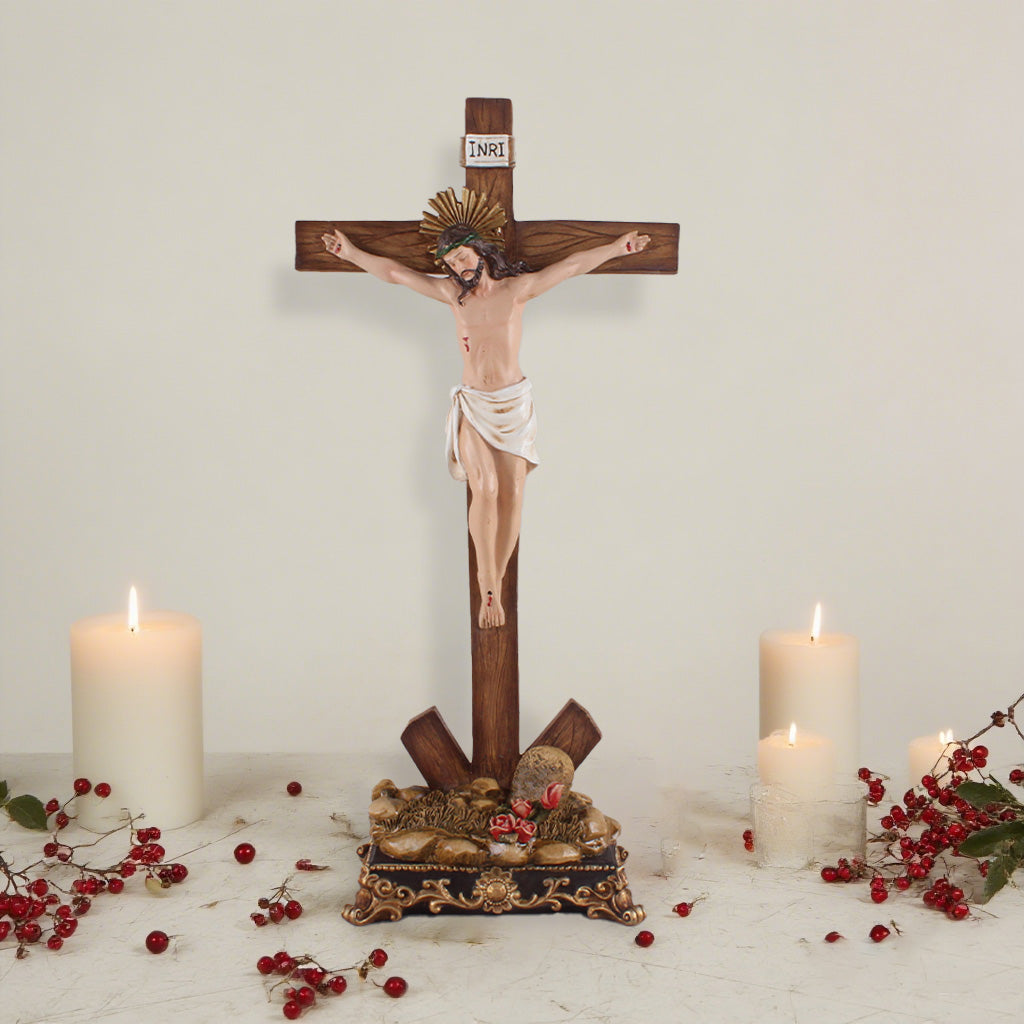15 Inch Crucifix tabletop- Resin，Crucifix with Stand,Hanging Crucifix, ChristianGifts, Crucifixion,Crucifixion of Jesus