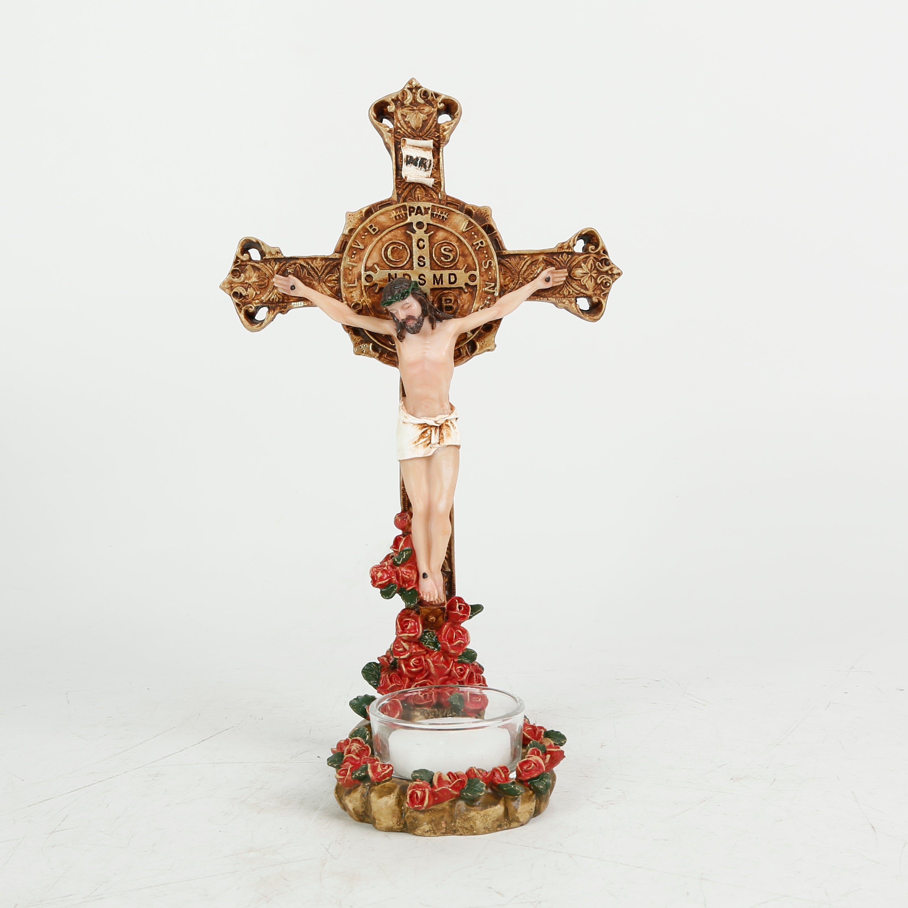 9 Inch Crucifix with Candle- Resin，Crucifix with Stand,Hanging Crucifix, ChristianGifts, Crucifixion,Crucifixion of Jesus