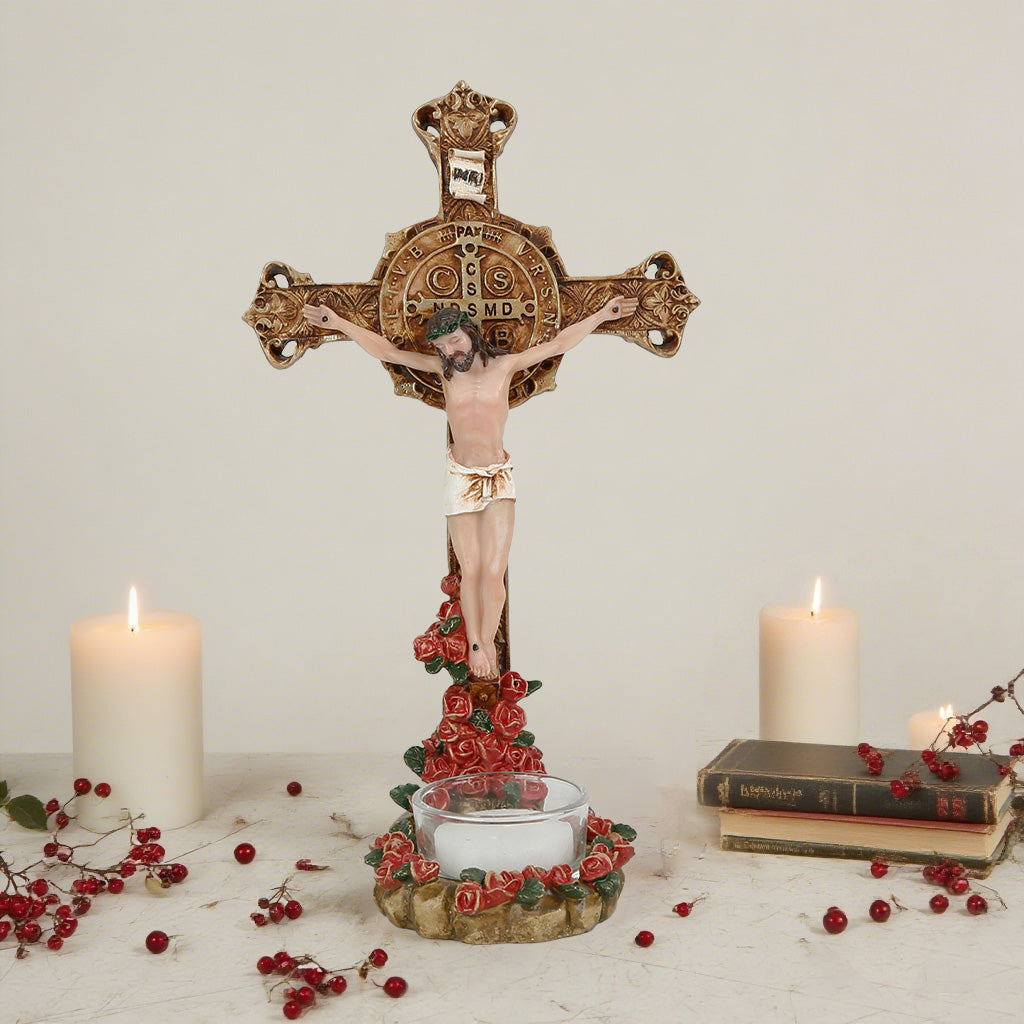 9 Inch Crucifix with Candle- Resin，Crucifix with Stand,Hanging Crucifix, ChristianGifts, Crucifixion,Crucifixion of Jesus